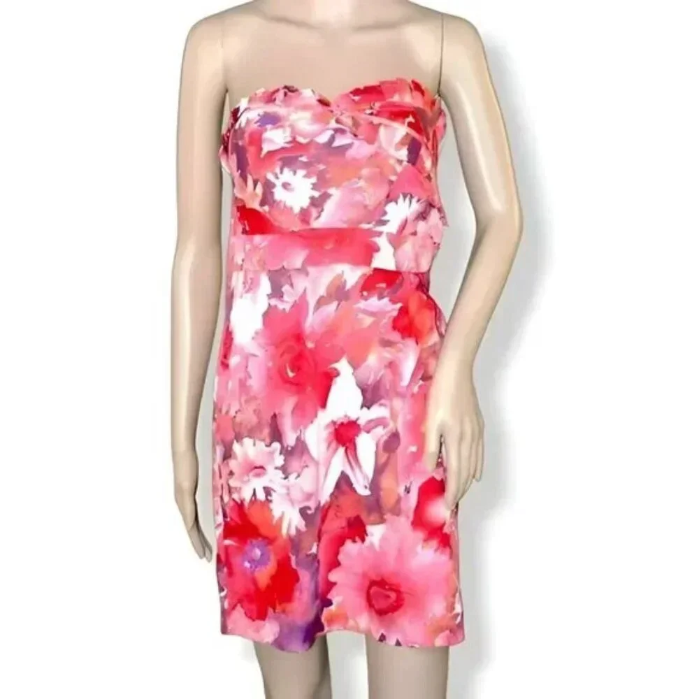 NWT Red Pink Purple Coral Sweetheart Tiered Hawaiian Floral Beach Sheath Dress M